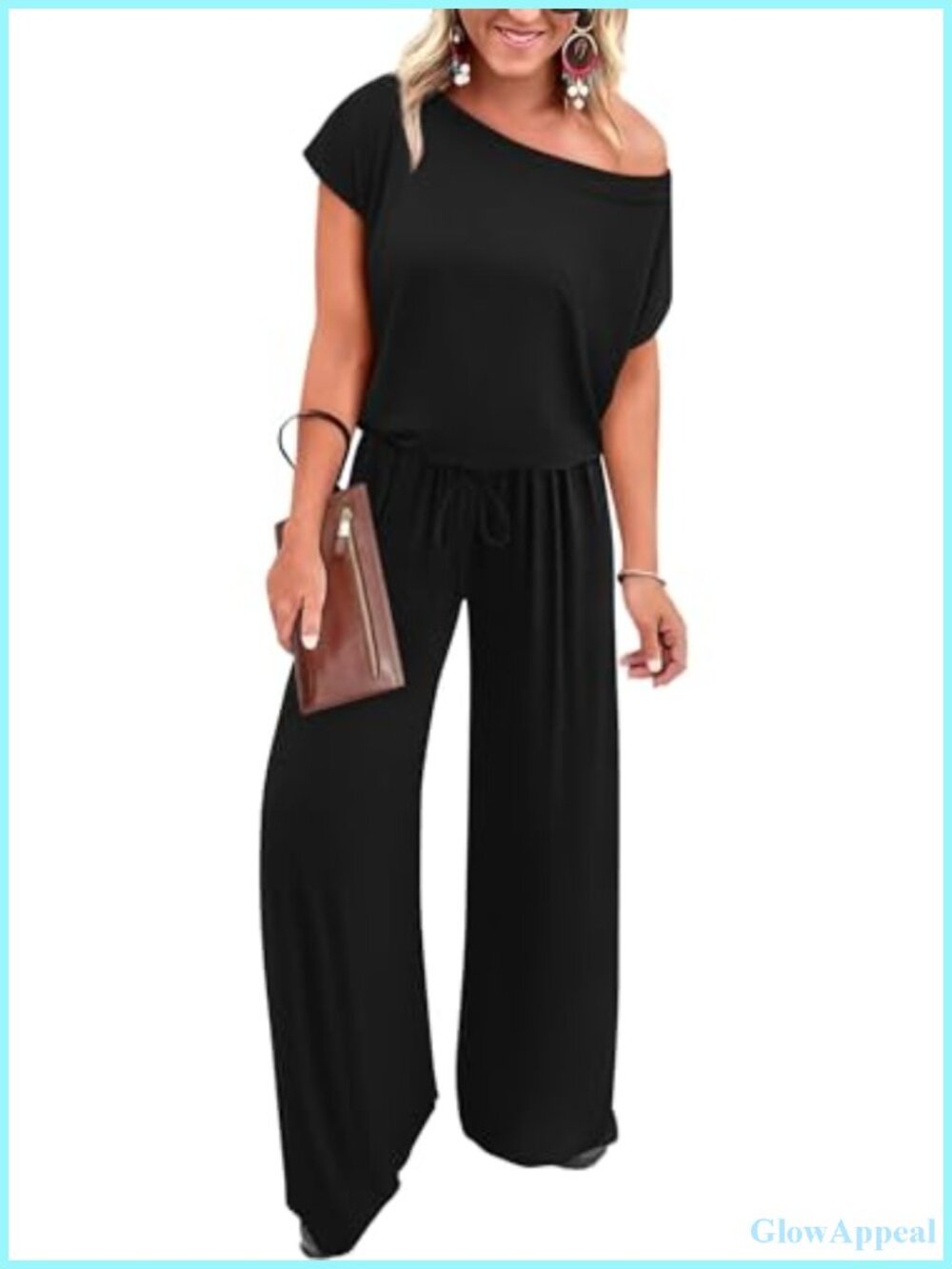 Womens Off Shoulder Wide Leg Jumpsuit with Pockets Short Sleeve Elastic Waist